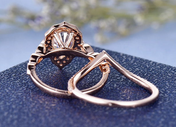 1 CT Pear Cut Rose Gold Over On 925 Sterling Silver Engagement Ring Set