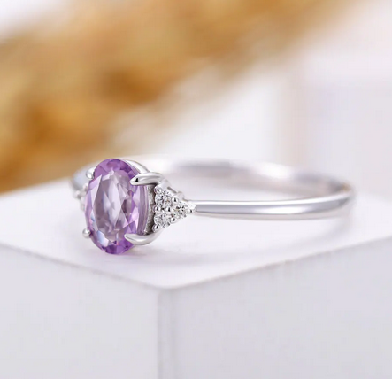 1 CT Oval Cut Amethyst & CZ Diamond White Gold Over On 925 Sterling Silver Cluster Promise Ring