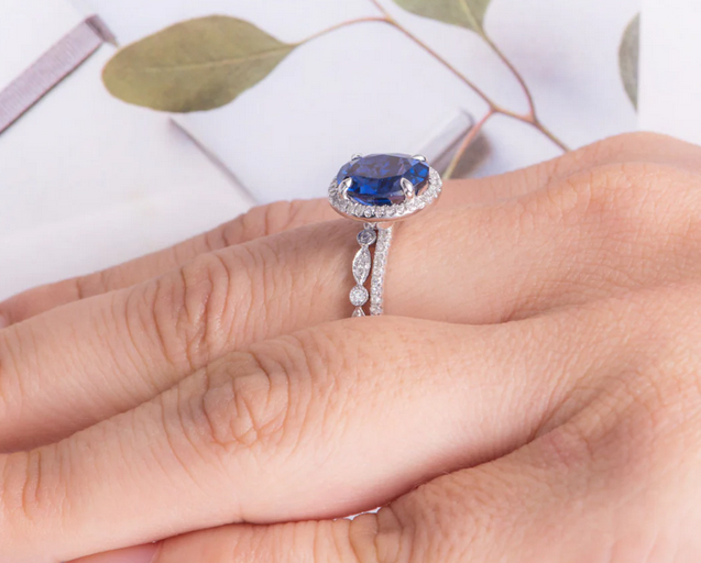 1 CT Oval Cut Blue Sapphire White Gold Over On 925 Sterling Silver Engagement Halo Ring Set