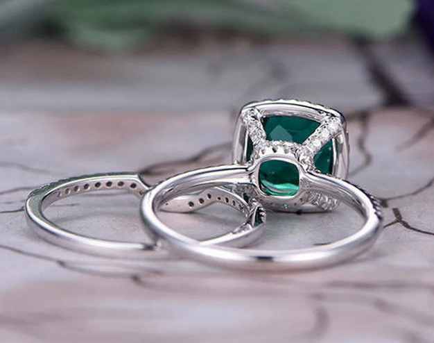 1 CT Cushion Cut Emerald White Gold Over On 925 Sterling Silver Stacking Bridal Ring Set