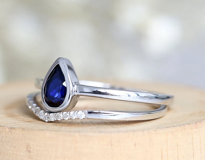 1 CT Pear Cut Blue Sapphire White Gold Over On 925 Sterling Silver Solitaire Engagement Ring Set