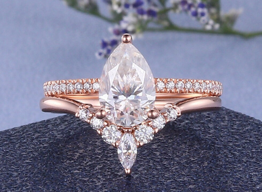 1 CT Pear Cut Rose Gold Over On 925 Sterling Silver Wedding Bridal Ring Set