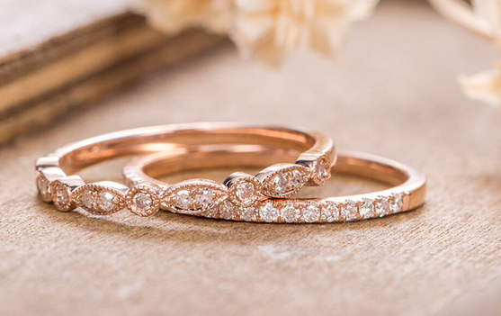 1 CT Round Cut White Diamond Rose Gold Over On 925 Sterling Silver Half Eternity Ring  Ring Set