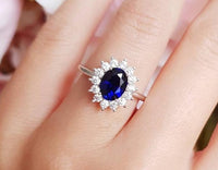 2 CT Oval Cut Blue Sapphire Diamond 925 Sterling Silver Halo Engagement Ring