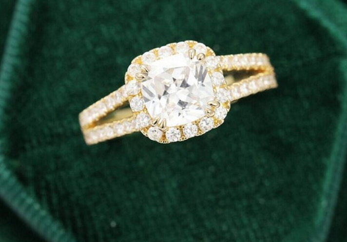 1 CT Cushion Cut Diamond Yellow Gold Ove On 925 Sterling Silver Split Shank Women Anniversary Ring