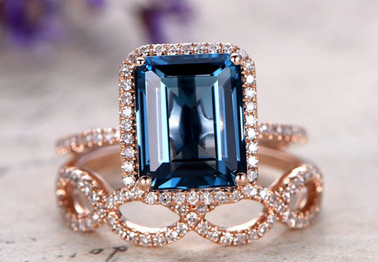 1 CT Emerald Cut London Blue Topaz Rose Gold Over On 925 Sterling Silver Helo Wedding Bridal Ring Set