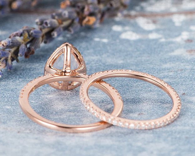 1 CT Pear Cut White Topaz Rose Gold Over On 925 Sterling Silver Anniversary Bridal Ring Set