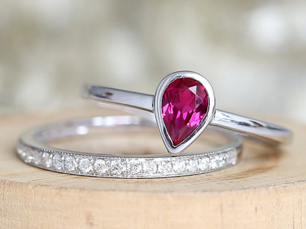 Traditional Pear Shape Untreated Ruby Ring with Channel Set Diamonds  (1.06cttw) AAAAA Quality