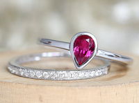 1 CT Pear Cut Ruby & CZ Diamond White Gold Over On 925 Sterling Silver Engagement Ring Set