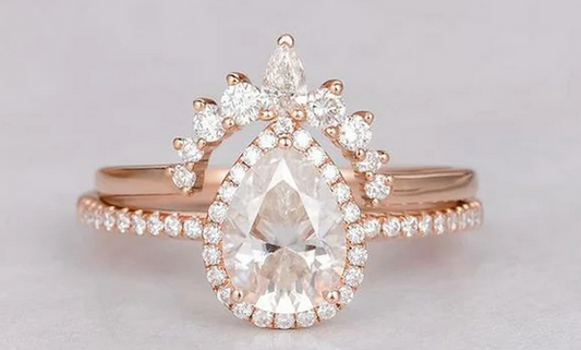 1 CT Pear Cut Rose Gold Over On 925 Sterling Silver Bridal Promise Ring Set