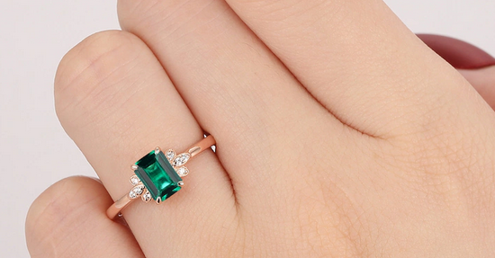 1 CT Emerald Cut Emerald & CZ Diamond Rose Gold Over On 925 Sterling Silver Cluster Wedding Ring