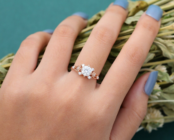 1 CT Round Cut Rose Gold Over On 925 Sterling Silver Vintage Floral Leaf Anniversary Ring For Women
