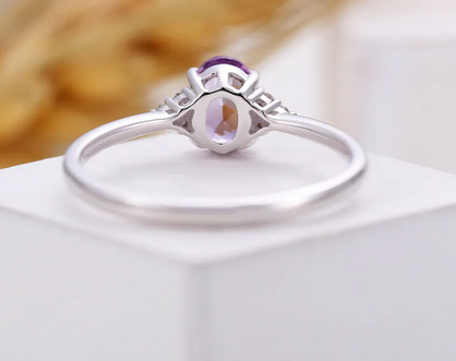 1 CT Oval Cut Amethyst & CZ Diamond White Gold Over On 925 Sterling Silver Cluster Promise Ring