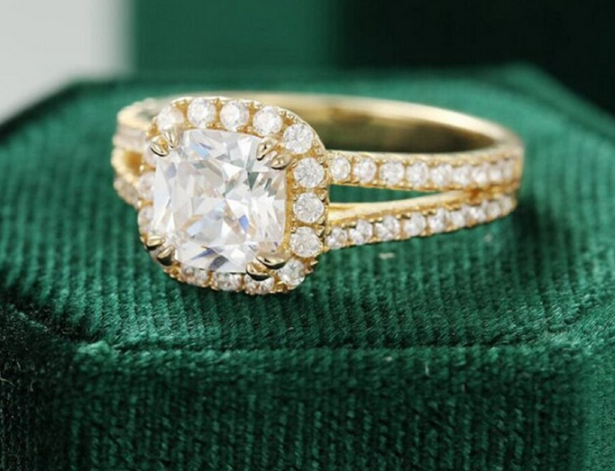 1 CT Cushion Cut Diamond Yellow Gold Ove On 925 Sterling Silver Split Shank Women Anniversary Ring
