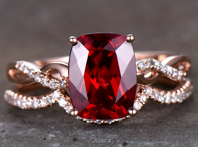 1 CT Cushion Cut Red Garnet Rose Gold Over On 925 Sterling Silver Infinity Bridal Ring Set