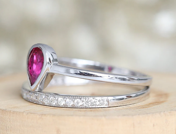 1 CT Pear Cut Ruby & CZ Diamond White Gold Over On 925 Sterling Silver Engagement Ring Set