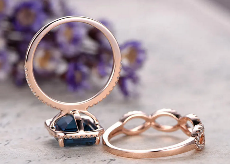 1 CT Emerald Cut London Blue Topaz Rose Gold Over On 925 Sterling Silver Helo Wedding Bridal Ring Set