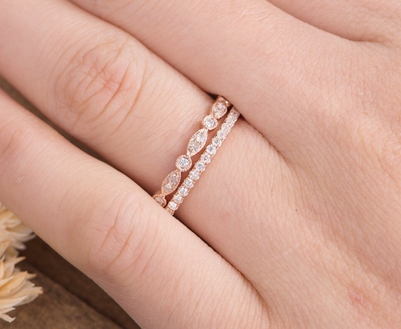 1 CT Round Cut White Diamond Rose Gold Over On 925 Sterling Silver Half Eternity Ring  Ring Set