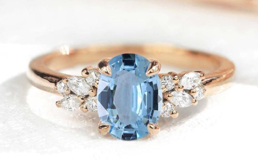 2 CT 925 Sterling Silver Blue Aquamarine Oval Cut Diamond Anniversary Ring