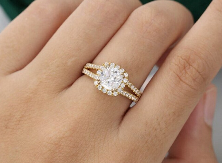 1 CT Cushion Cut Diamond Yellow Gold Ove On 925 Sterling Silver Split Shank Women Anniversary Ring