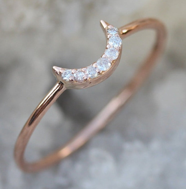 0.05 CT Round Cut Diamond 925 Sterling Silver Women Anniversary Moon Ring