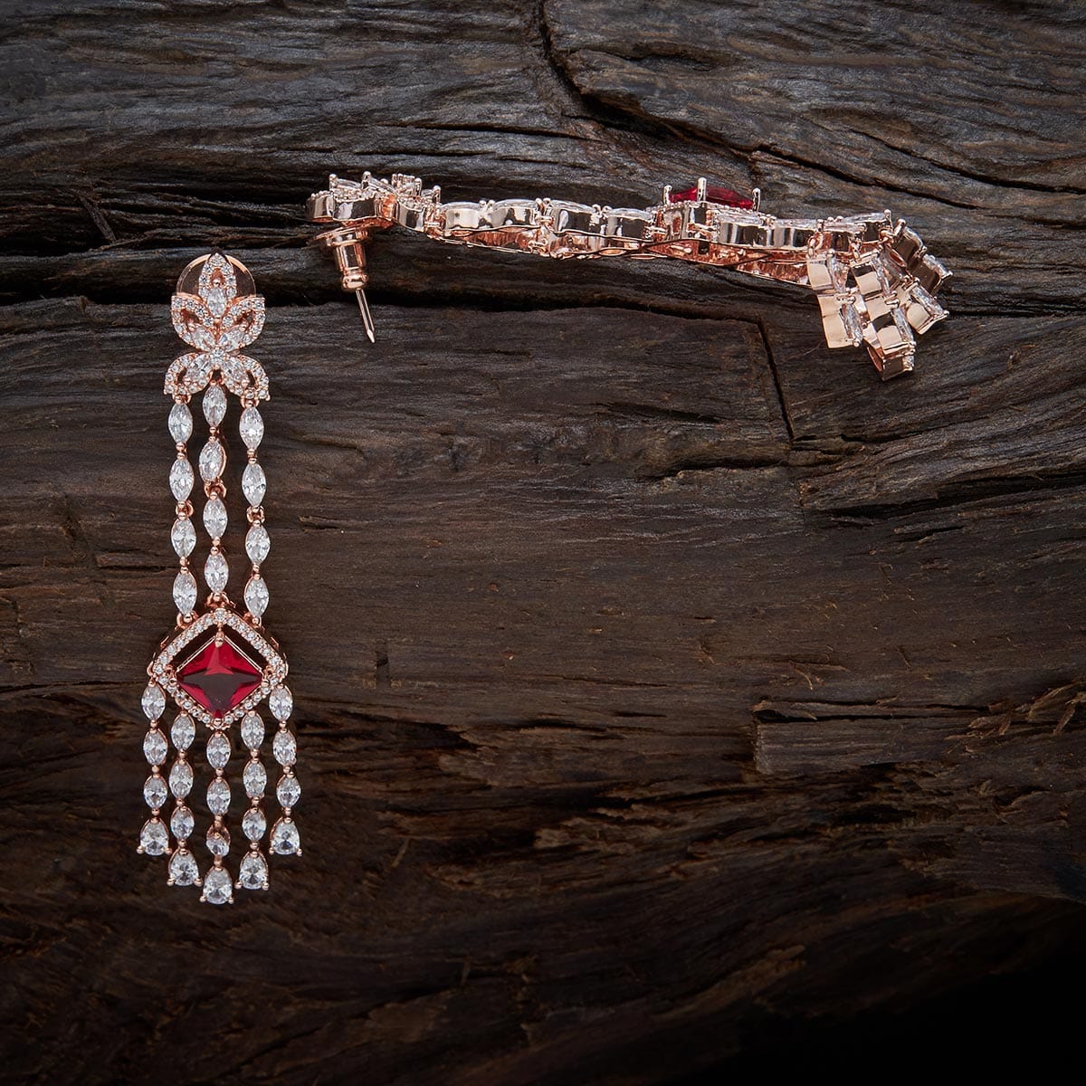 3.75 Ct Princess Cut Red Garnet & Multi Cut CZ Rose Gold Over On 925 Sterling Silver Dangle Engagement Earrings