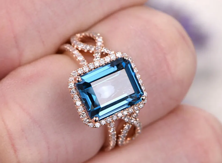 1 CT Emerald Cut London Blue Topaz Rose Gold Over On 925 Sterling Silver Helo Wedding Bridal Ring Set