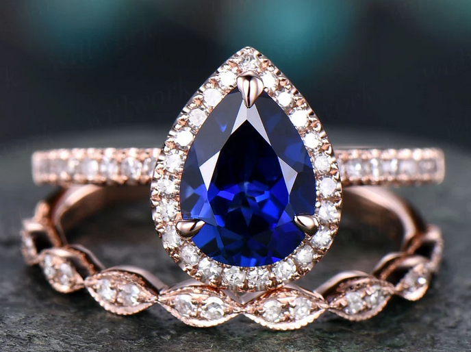 1 CT Pear Cut Blue Sapphire Rose Gold Over On 925 Sterling Silver Halo Wedding Bridal Ring Set