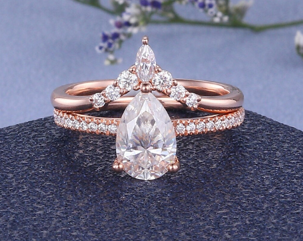 1 CT Pear Cut Rose Gold Over On 925 Sterling Silver Wedding Bridal Ring Set