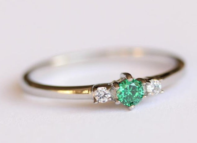 1 CT Round Cut Green Emerald 3 Stone Diamond 925 Sterling Silver Engagement Ring Gift for