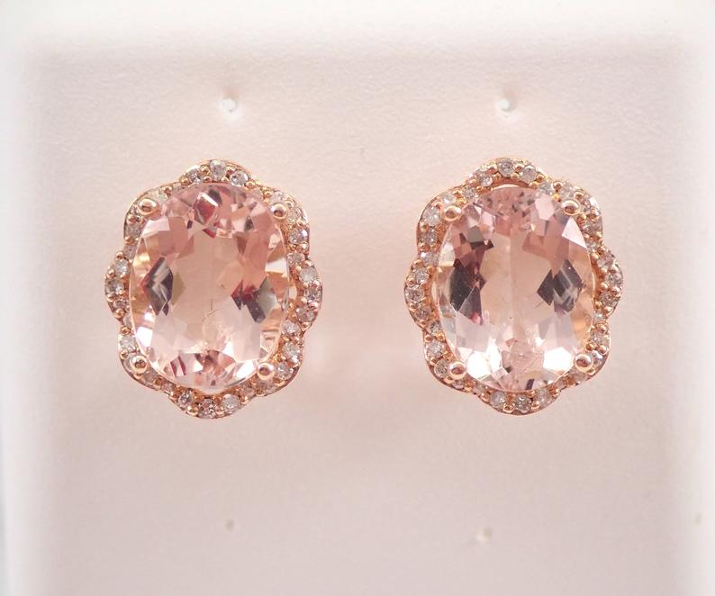 3.75 Ct Oval Cut Morganite Rose Gold Over On 925 Sterling Silver Halo Wedding Earrings