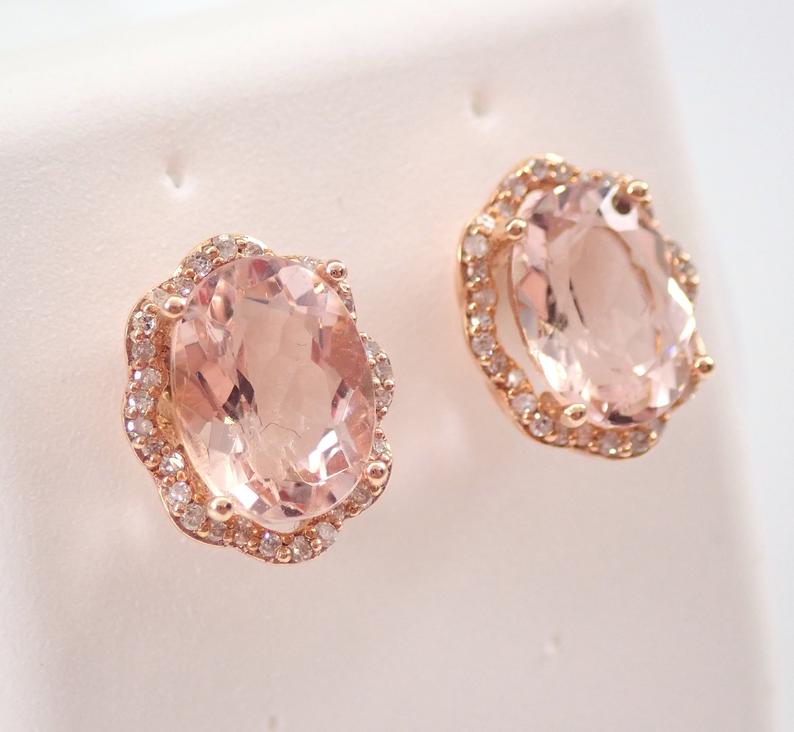 3.75 Ct Oval Cut Morganite Rose Gold Over On 925 Sterling Silver Halo Wedding Earrings