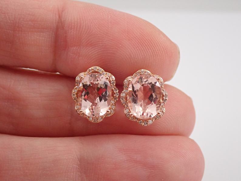 3.75 Ct Oval Cut Morganite Rose Gold Over On 925 Sterling Silver Halo Wedding Earrings