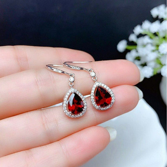 4.00 Ct Pear Cut Red Garnet & Diamond 925 Sterling Silver Drop/Dangle Halo Earrings