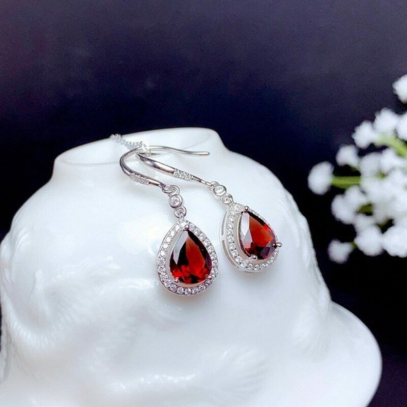 4.00 Ct Pear Cut Red Garnet & Diamond 925 Sterling Silver Drop/Dangle Halo Earrings - atjewels.in