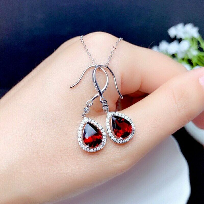 4.00 Ct Pear Cut Red Garnet & Diamond 925 Sterling Silver Drop/Dangle Halo Earrings - atjewels.in