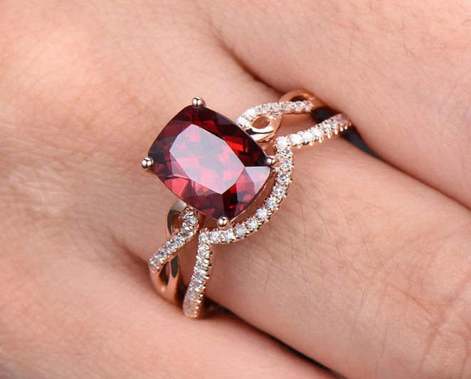 1 CT Cushion Cut Red Garnet Rose Gold Over On 925 Sterling Silver Infinity Bridal Ring Set