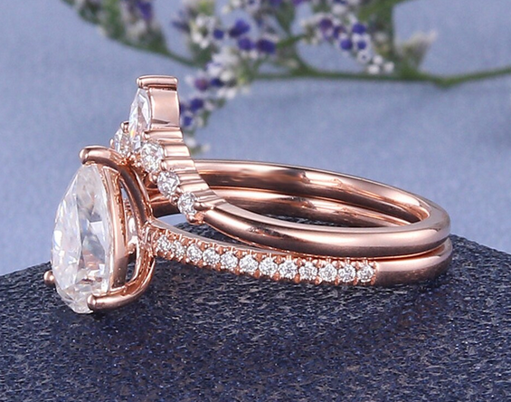 1 CT Pear Cut Rose Gold Over On 925 Sterling Silver Wedding Bridal Ring Set