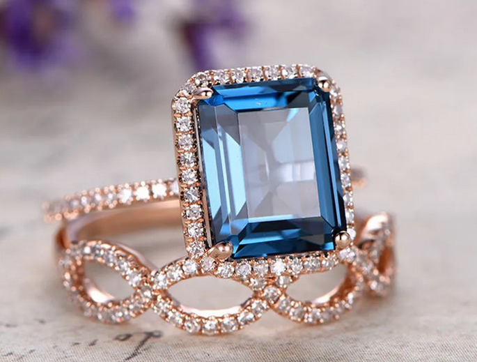 1 CT Emerald Cut London Blue Topaz Rose Gold Over On 925 Sterling Silver Helo Wedding Bridal Ring Set
