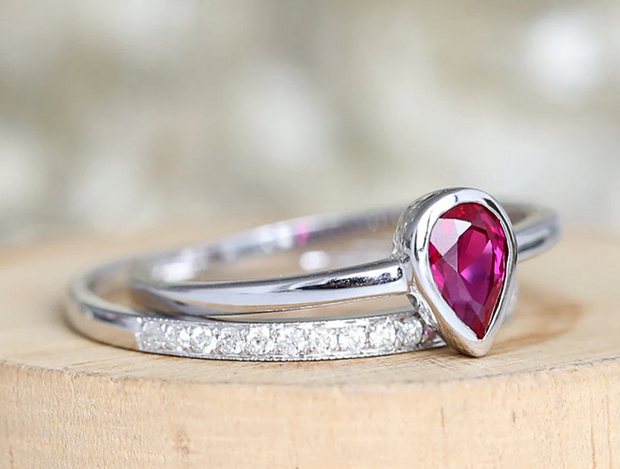 1 CT Pear Cut Ruby & CZ Diamond White Gold Over On 925 Sterling Silver Engagement Ring Set