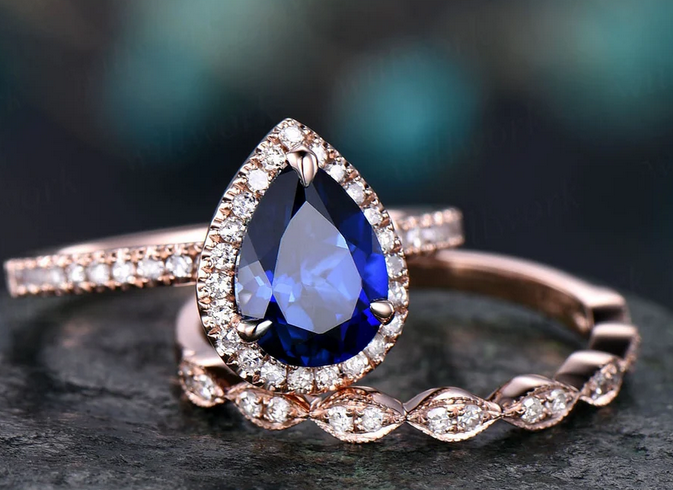 1 CT Pear Cut Blue Sapphire Rose Gold Over On 925 Sterling Silver Halo Wedding Bridal Ring Set
