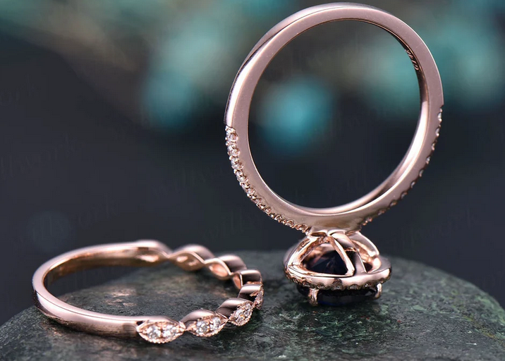 1 CT Pear Cut Blue Sapphire Rose Gold Over On 925 Sterling Silver Halo Wedding Bridal Ring Set