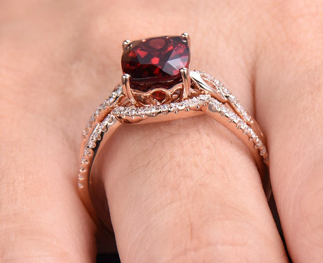 1 CT Cushion Cut Red Garnet Rose Gold Over On 925 Sterling Silver Infinity Bridal Ring Set