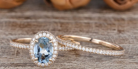 1 CT Oval Cut Aquamarine Rose Gold Over On 925 Sterling Silver Halo Women Bridal Ring Set