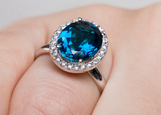 1 CT Oval Cut Blue London Topaz White Gold Over On 925 Sterling Silver Halo Engagement Ring