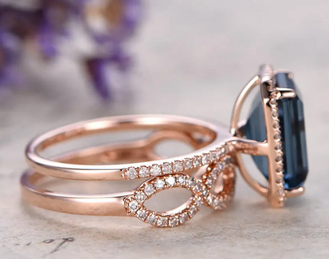 1 CT Emerald Cut London Blue Topaz Rose Gold Over On 925 Sterling Silver Helo Wedding Bridal Ring Set