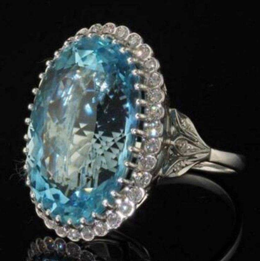 2 CT Oval Cut Blue Blue Topaz Diamond 925 Sterling Silver Women Engagement Halo Ring
