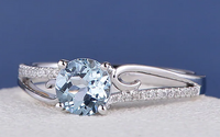 1 CT Round Cut Aquamarine & CZ Diamond White Gold Over On 925 Sterling Silver Solitaire W/Accents Ring