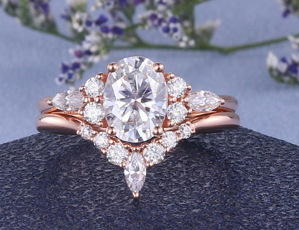 1 CT Oval Cut Rose Gold Over On 925 Sterling Silver Bridal Promise Ring Set