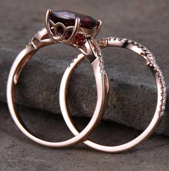 1 CT Cushion Cut Red Garnet Rose Gold Over On 925 Sterling Silver Infinity Bridal Ring Set